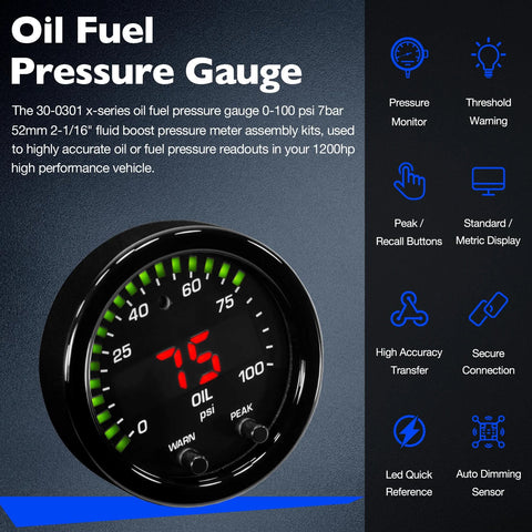 Oil fuel pressure gauge, 52mm (2-1/16"), black bezel, red digital readout with green LED indicators, front view.