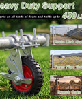 Six Inch Heavy Duty Tube Gate Wheel With Brake Red Galvanized Steel Caster Built Tough To Carry 450 Pounds Rides Smooth As Silk With Dead Tight Foot Brake mounted on gate support.