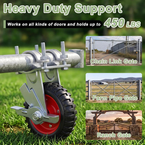 Six Inch Heavy Duty Tube Gate Wheel With Brake Red Galvanized Steel Caster Built Tough To Carry 450 Pounds Rides Smooth As Silk With Dead Tight Foot Brake mounted on gate support.