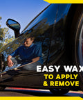 One Step Cleaner Wax Liquid Car Wax That Cleans Polishes And Protects Exterior Paint And Clear Coat On Cars Trucks And SUVs With A High Gloss Shine Safe On All Glossy Finishes Ideal For DIY Gearheads And Detailers 16 Oz Bottle illustration of waxed car surface reflecting man