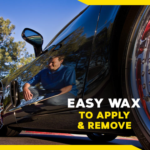 One Step Cleaner Wax Liquid Car Wax That Cleans Polishes And Protects Exterior Paint And Clear Coat On Cars Trucks And SUVs With A High Gloss Shine Safe On All Glossy Finishes Ideal For DIY Gearheads And Detailers 16 Oz Bottle illustration of waxed car surface reflecting man