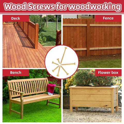 Epoxy Coated Wood Screws For Pressure Treated Lumber With Torx Drive Flat Head Self Tapping Kit Includes T25 Bit 10x4 Tan Finish For Decks Fences Framing And Outdoor Carpentry Must Have Pro Grade shown with outdoor wood structures