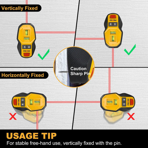 2-In-1 Rechargeable Cross Line Laser Level With Magnetic Stud Finder showing vertical and horizontal mounting tips