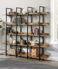 5 Tier Industrial Bookcase With Black Metal Frame Brown Finish Space Saving Storage Organizer displaying books and decor
