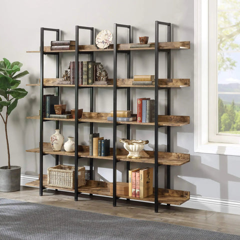 5 Tier Industrial Bookcase With Black Metal Frame Brown Finish Space Saving Storage Organizer displaying books and decor