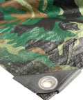 Close-up of Camouflage 19 Foot By 29 Foot 4 Inch 7 Mil Poly Tarp Built Tough All Purpose Waterproof Cover corner with grommet.