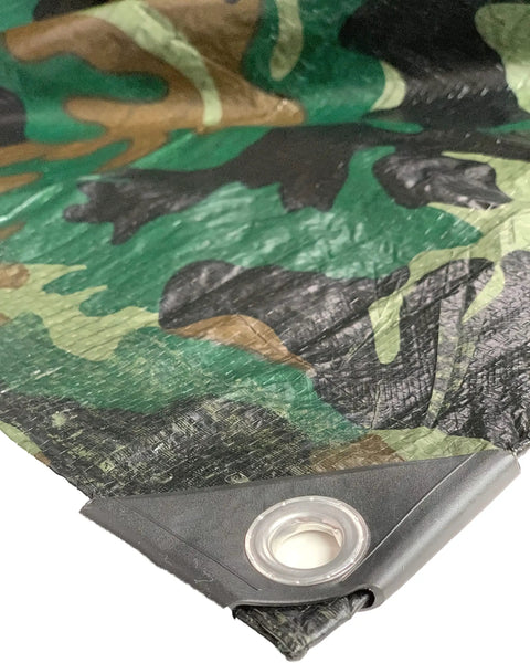 Close-up of Camouflage 19 Foot By 29 Foot 4 Inch 7 Mil Poly Tarp Built Tough All Purpose Waterproof Cover corner with grommet.