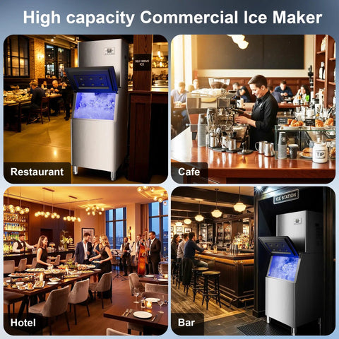 High capacity Boss Level Bulk Ice Maker Machine With 450 Lbs Per Day Capacity in restaurant, cafe, hotel, bar settings.