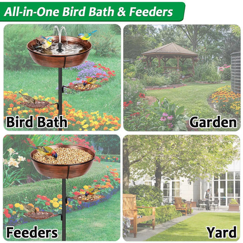 All-in-one bird bath and feeder featuring bronze metal design in garden and yard settings for outdoor use.