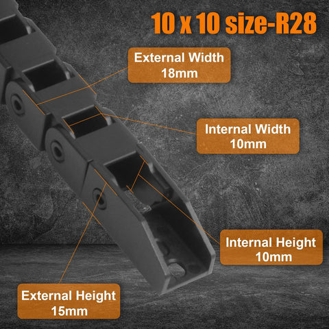 R28 Bridge Type Drag Chain Cable Carrier 10x10mm Inner 39in Length Black PA66 Nylon Easy Open Link Chain dimensions shown
