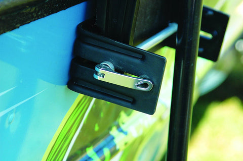 Close-up of Universal Trolling Motor Mount for Jon Boats Bow Installation, clamp attached to boat gunnel under three inches wide