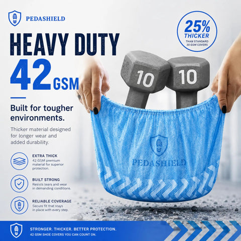 Hands holding XL Disposable Booties - Thick 42GSM Non Slip Shoe Covers, water resistant, showing durability with weights inside.