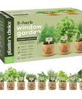 9 Herb Indoor Window Garden Kit with Seed Starter box and nine potted herbs including dill, basil, and chives displayed.