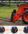 45 Inch Skid Steer Pallet Fork Frame With 48 Inch Fork Blades, 4000 Lb Capacity attached to red Kubota tractor