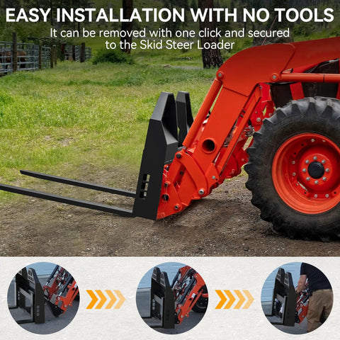 45 Inch Skid Steer Pallet Fork Frame With 48 Inch Fork Blades, 4000 Lb Capacity attached to red Kubota tractor