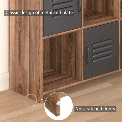 Close-up of Premium Twelve Cube Wood Bookcase With Six Metal Doors, highlighting classic design and floor protection.