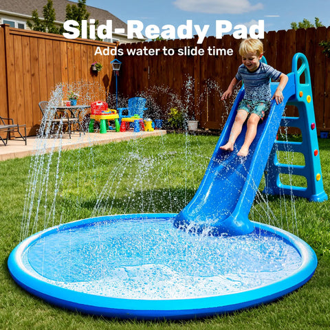 Non Slip 72 Inch Splash Pad Sprinkler for Outdoor Water Play Thickened Durable Backyard Toy Mat with slide, toddler playing
