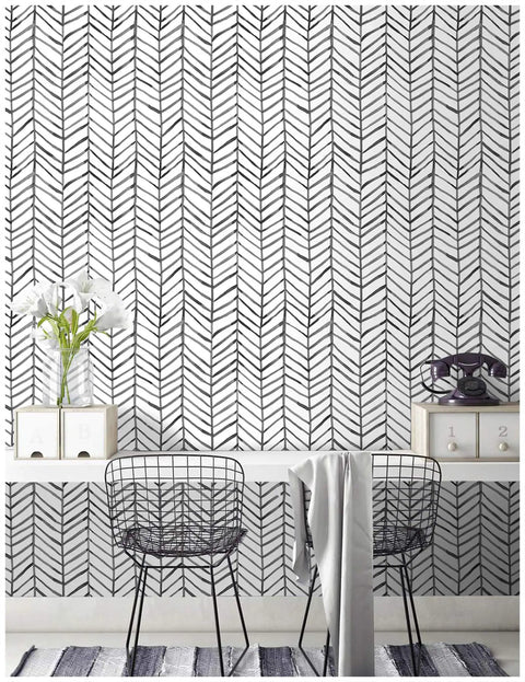 Room with Peel And Stick Black And White Herringbone Wallpaper With Self Adhesive Vinyl Decor Easy Install No Mess Durable And Removable
