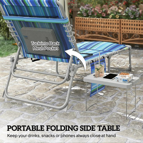 Face Hole Tanning Chair with Side Table and Carry Straps, Oxford Fabric in Blue Stripe, showing back mesh pocket and side table with items