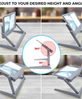 5X Large LED Page Magnifier with Detachable Stand, shown in various adjustable angles and heights.
