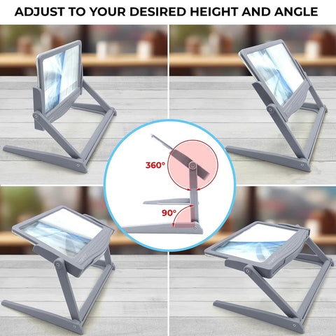 5X Large LED Page Magnifier with Detachable Stand, shown in various adjustable angles and heights.