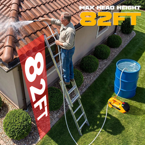 Man using Heavy Duty Cordless Water Transfer Pump With Zero Fuss Brushless Motor Delivers 760 Gph at 82 ft height to clean roof.