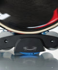 Close-up of Indoor Bicycle Rollers With Foldable Retractable Design for at home gym, showing conical centering rollers and swing system.