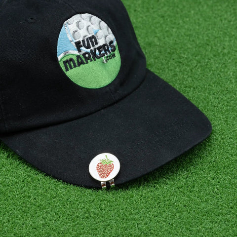Berry Inspired Golf Ball Marker With Alignment Marker For Putting Green Metallic Ball Marker Accessory placed on black cap