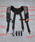Tool Belt Suspenders With Magnetic Wristband For Framer Carpenter Electrician Worksite Ready All Day Comfort 4 Point Support Padded Backing Breathable Straps Adjustable Fit Gray, showing features like stress points, mesh back, and loops.