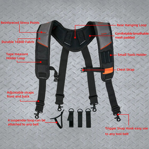 Tool Belt Suspenders With Magnetic Wristband For Framer Carpenter Electrician Worksite Ready All Day Comfort 4 Point Support Padded Backing Breathable Straps Adjustable Fit Gray, showing features like stress points, mesh back, and loops.