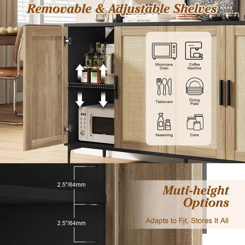Buffet Cabinet With Storage And Rattan Doors 48 Inch Sideboard With Adjustable Shelves Modern Dope Coffee Bar Console Open Shelf