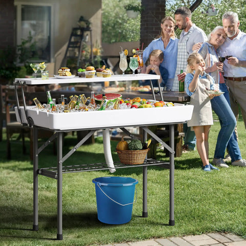 Two Tier Folding Ice Table With Drain And Detachable Skirt, 4 Foot Ice Cooler Table for parties with food and drinks outdoors