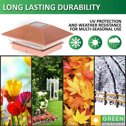Solar Powered LED Post Lights For 4x4 Posts Copper Finish Slim Post Cap Lights Pack Of 4 Easy Install Outdoor Lighting For Wood Or PVC Poles With Ni Cd Battery And Crystalline Solar Panel