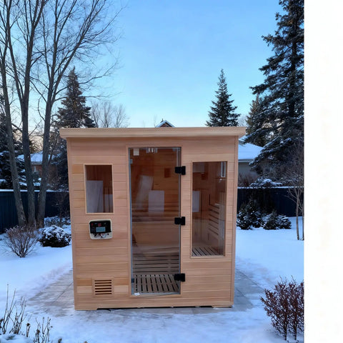 Wooden outdoor sauna with glass door featuring Heavy Duty Zinc Alloy Stainless Glass Door Hinge Set for 8-10mm glass.