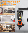Floor Jack Stand Wall Mount Rack Organizer for Car Hydraulic Trolley Jacks and Stands in garage setting.