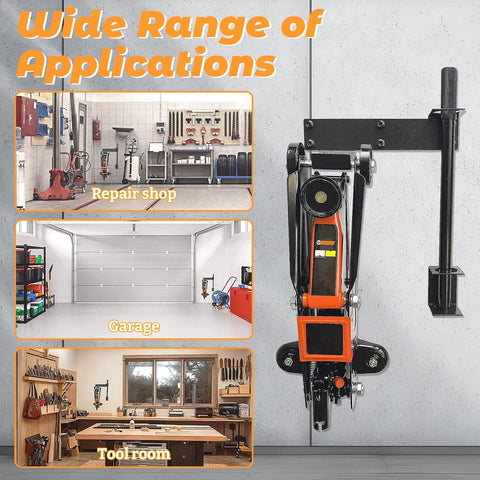 Floor Jack Stand Wall Mount Rack Organizer for Car Hydraulic Trolley Jacks and Stands in garage setting.