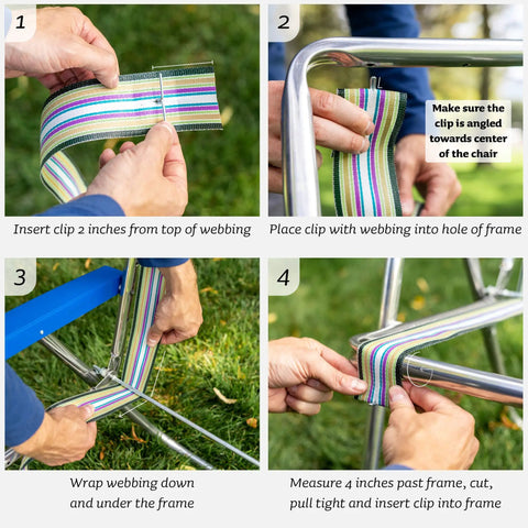Revamp Your Worn Out Lawn Chairs With This Heavy Duty Replacement Webbing Kit Featuring UV Resistant Polypropylene Straps For Nailed Backyard Fixes That Stay Tight Through Every Season Change showing step-by-step installation.