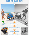 Foldable Beach Wagon With Balloon Wheels For Soft Sand, woman pulling cart on beach, blue cart with packed gear