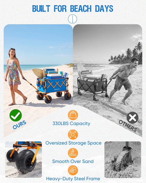 Foldable Beach Wagon With Balloon Wheels For Soft Sand, woman pulling cart on beach, blue cart with packed gear