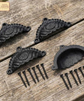 Matte Black Cup Drawer Pulls For Cabinets And Kitchen, Mystic Colonial Style, Heavy Duty Cast Iron, Vintage Antique Look