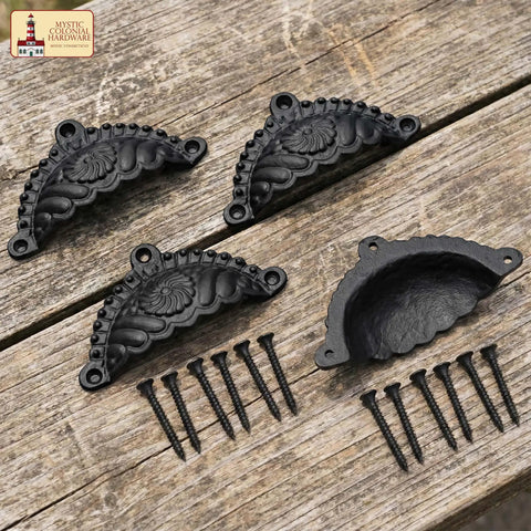 Matte Black Cup Drawer Pulls For Cabinets And Kitchen, Mystic Colonial Style, Heavy Duty Cast Iron, Vintage Antique Look
