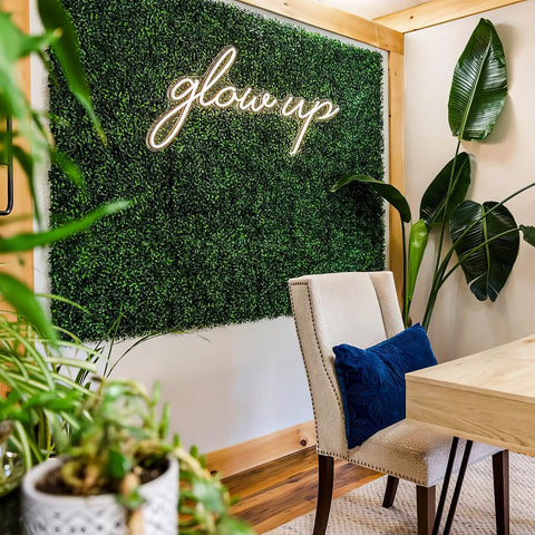 Boxwood Hedge Wall Panels 12 Pack 10x10 Inches Faux Greenery Privacy Screen for indoor decor with neon sign