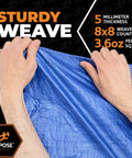 Hands holding Beefy Heavy Duty Blue Poly Tarp 20 Ft By 40 Ft Lightweight Waterproof And Weatherproof Cover with texture detail.