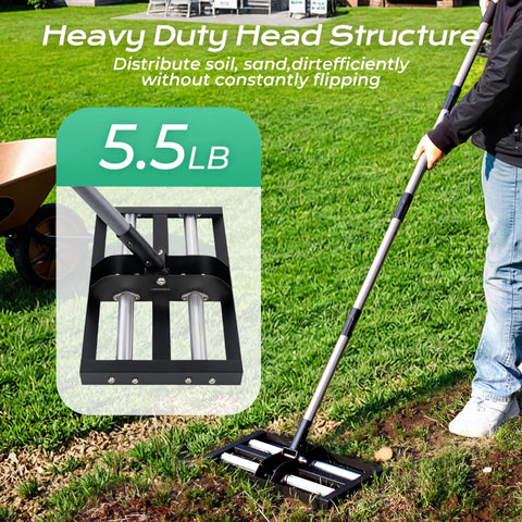 Four Roller Aluminum Lawn Leveling Rake with 61 Inch Adjustable Handle for Smooth Soil use outdoors