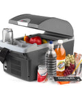 Portable 14 Liter Thermoelectric Cooler Warmer With 12 Volt Dc Power For Car Rv And Camping Use filled with snacks and beverages.
