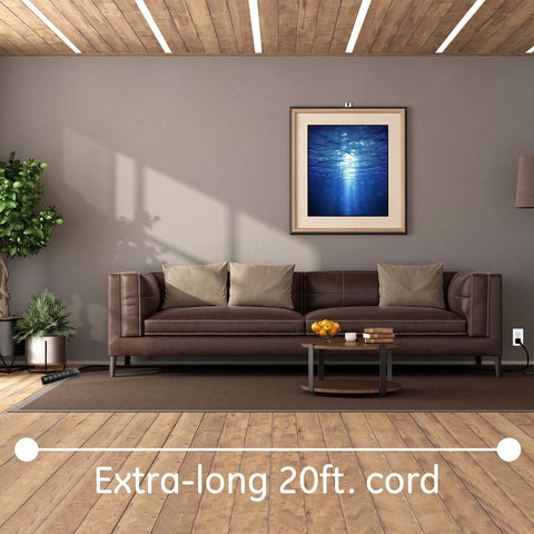 Living room with Six Outlet Surge Protector With A 20 Foot Extension Cord For Your Home Office, Workshop Or Garage in use by sofa.