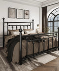 Queen Metal Platform Bed Frame Featuring Victorian Headboard And Footboard Extra Heavy Duty Steel Slats No Box Spring Needed Zero Squeak Sleep Rock Solid Black in stylish bedroom setting.