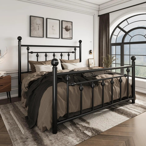 Queen Metal Platform Bed Frame Featuring Victorian Headboard And Footboard Extra Heavy Duty Steel Slats No Box Spring Needed Zero Squeak Sleep Rock Solid Black in stylish bedroom setting.