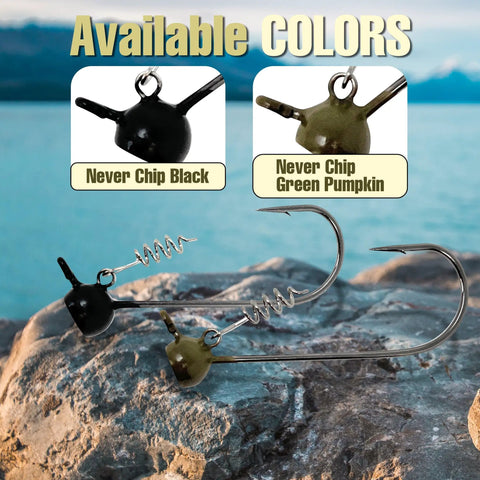 Dense Tungsten Stand Up Shaky Head Jig Heads With Screw Lock Keeper Provide A Straight Fire Finesse Bass Presentation In Green Pumpkin One Quarter Ounce Five Pack Catch Plenty Of Lunker Bass Daily in Black and Green Pumpkin colors.