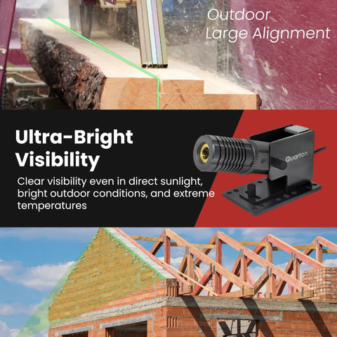 ML 400 Green Line Laser Level for Outdoor Projects with beam on wood and mounted on frame, sunlight visibility, large scale alignment.